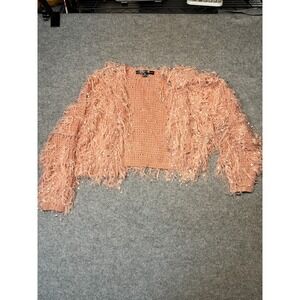 HYFVE Feather Cardigan Sweater Womens Medium Pink Fringe Knit Open Front Cropped
